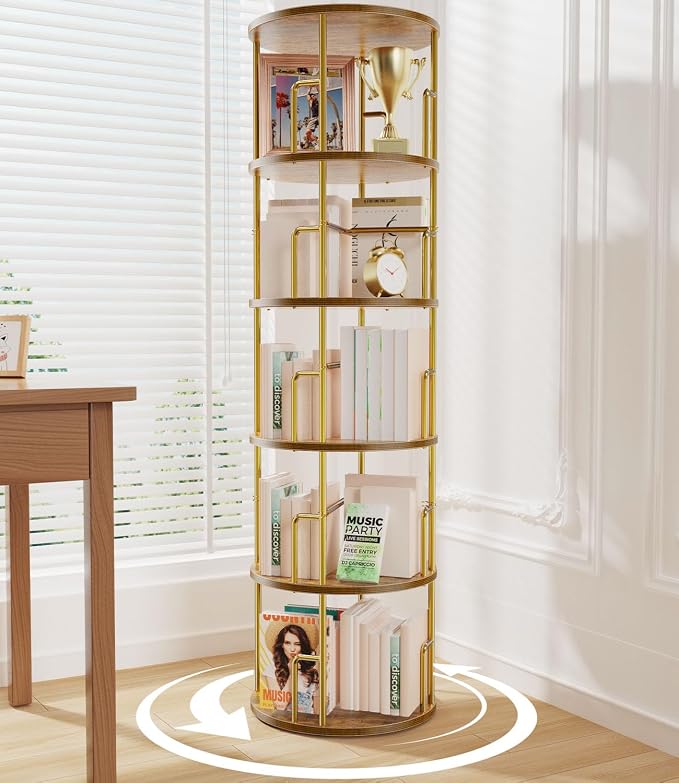 5 Tier Round Rotating Bookshelf Tower Gold, 62” Tall Space Saving Spinning by Amzeth