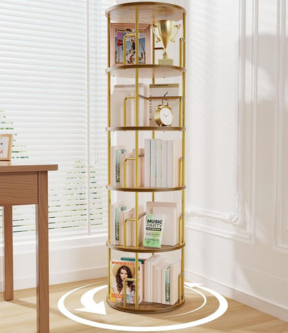 5 Tier Round Rotating Bookshelf Tower Gold, 62” Tall Space Saving Spinning by Amzeth