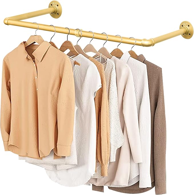 48” Gold Wall Mounted Clothes Rack, Industrial Pipe Iron Garment Bar, by Fobule