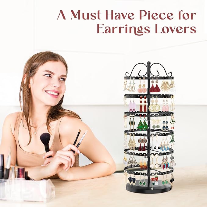 MODOWEY 6 Tier Rotating Earring Holder Organizer Stand, Adjustable Metal - Image 6