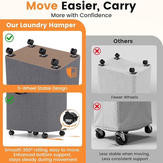 Laundry Basket with 5 Wheels, Tall Dirty Laundry Hamper, Rolling Laundry Basket - Image 7