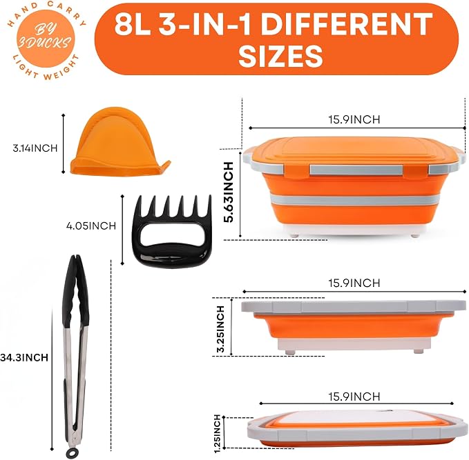 Collapsible BBQ Prep Tub 8L Orange | Portable Meat Marinating Container - Image 2