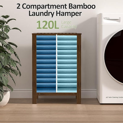 Bamboo Laundry Hamper with Lid, 120L Large Double Laundry Basket with Removable - Image 6
