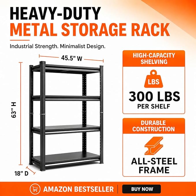 Bolt-Free 4 Tier Metal Bookshelf, 45.5"W Adjustable Tall Bookcase, 1800LBS - Image 2