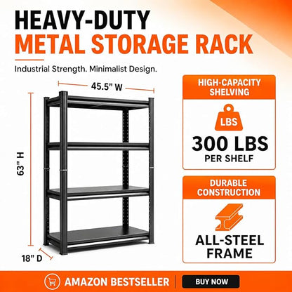 Bolt-Free 4 Tier Metal Bookshelf, 45.5"W Adjustable Tall Bookcase, 1800LBS - Image 2