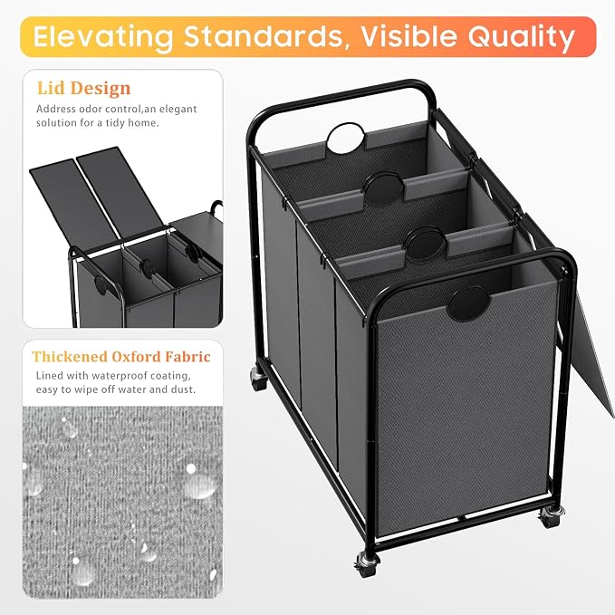 180L Laundry Sorter 3 Section, Rolling Laundry Basket - Image 4