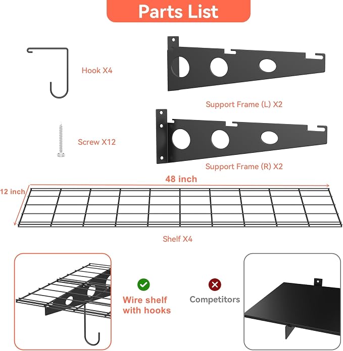 TORACK Garage 24 x 48 in/2 x 4 ft Wall Shelves, Heavy Duty Wall Mounted Wire - Image 6