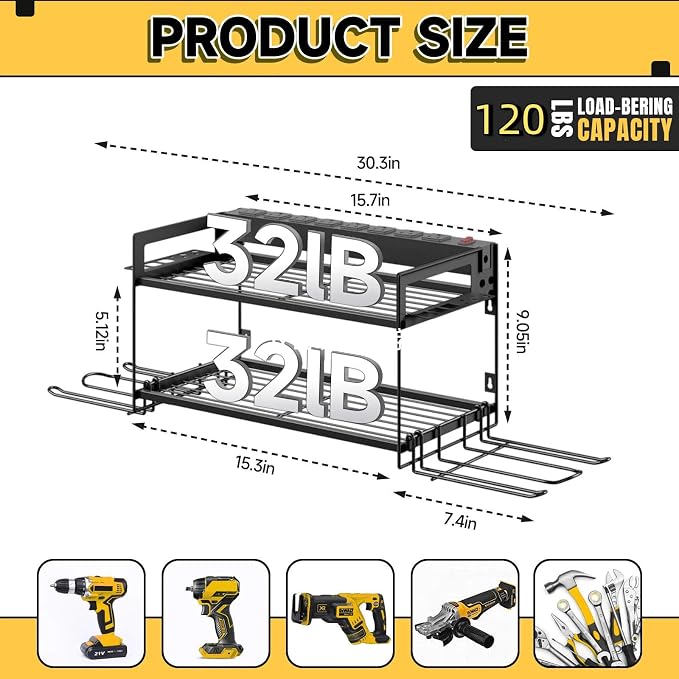 Power Tool Organizer Wall Mount, 2 Layers Heavy Duty 4 Cordless Drill Holder - Image 3