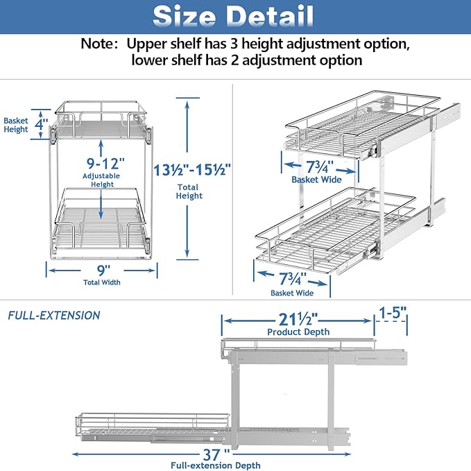 LOVMOR 2 Tier Individual Pull Out Cabinet Organizer 9" W x 21½" D, Slide Out - Image 3