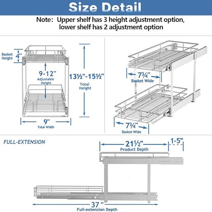 LOVMOR 2 Tier Individual Pull Out Cabinet Organizer 9" W x 21½" D, Slide Out - Image 3
