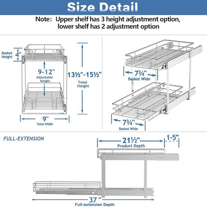 2 Tier Individual Pull Out Cabinet Organizer 9" W x 21½" D, Heavy Duty Cabinet - Image 3