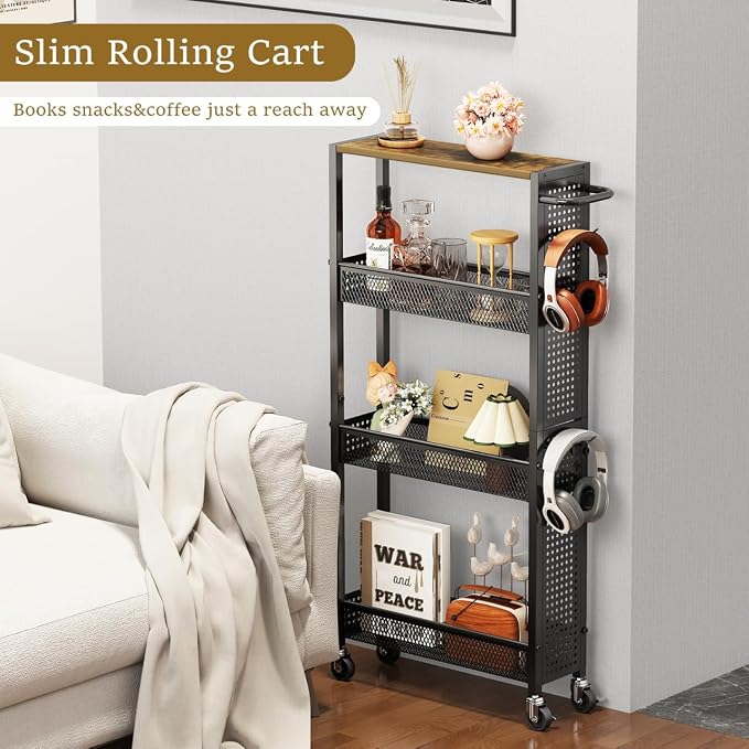 Utility Slim Storage Cart 4 Tier Small Rolling Kitchen Laundry Room - Image 3