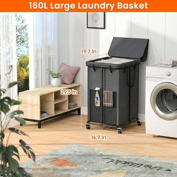 160L Laundry Hamper with Lid, Rolling Laundry Basket with Wheels, Large & Tall - Image 2