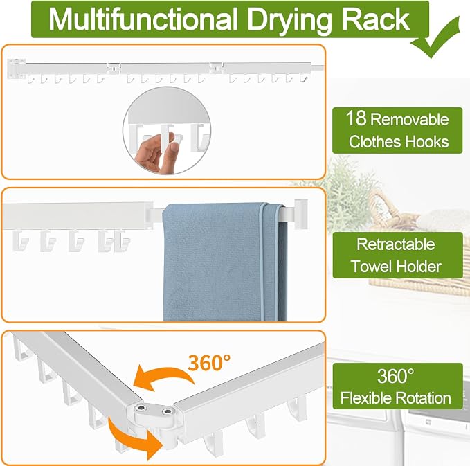 Clothes Drying Rack, Laundry Drying Rack Wall Mounted, 3-Fold Laundry Drying - Image 3