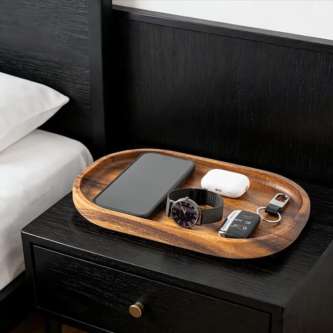 Acacia Oval Wooden Valet Tray for Men Women, Acacia Wood Serving Tray Key Dump - Image 7
