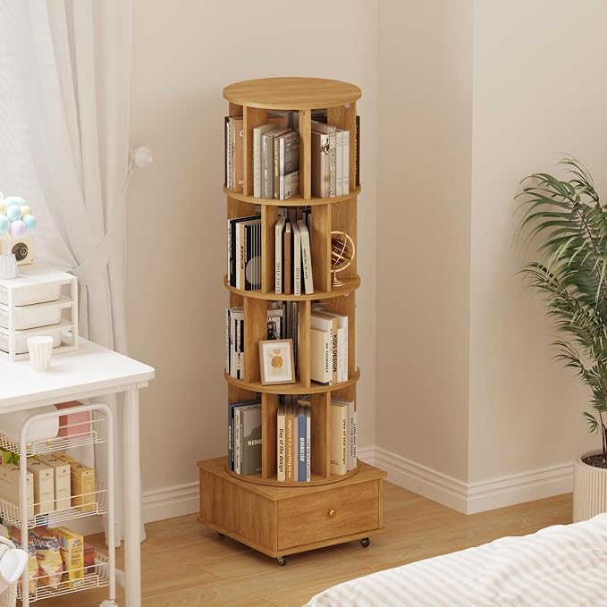 4-Tier Rotating Bookshelf with Drawers on Wheels, 360° Spinning Corner Bookcase by LSHUIZHU
