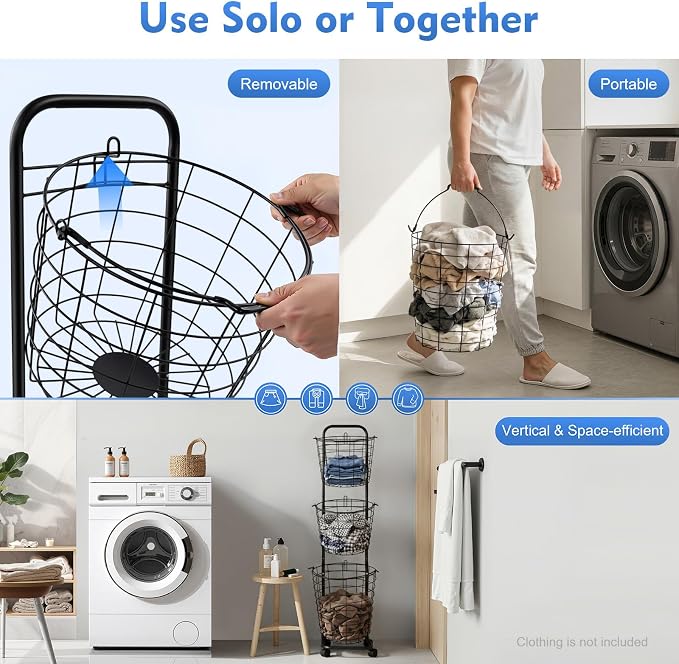 Laundry Basket on Wheels, 3 Tier Large Laundry Hampers, 10.4 * 13 * 48.4inch - Image 7