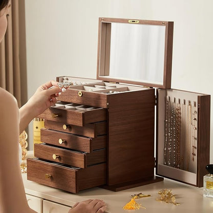 CHOSIN Black Walnut Wooden Jewelry Box, 6-Layer Lockable Wood Jewelry Organizer - Image 8