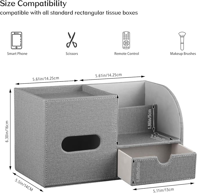 Square Tissue Box Cover with Drawer Storage and Tray on Top, PU Leather Tissues - Image 3
