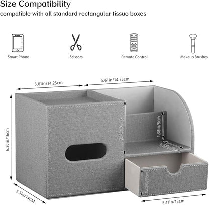 Square Tissue Box Cover with Drawer Storage and Tray on Top, PU Leather Tissues - Image 3