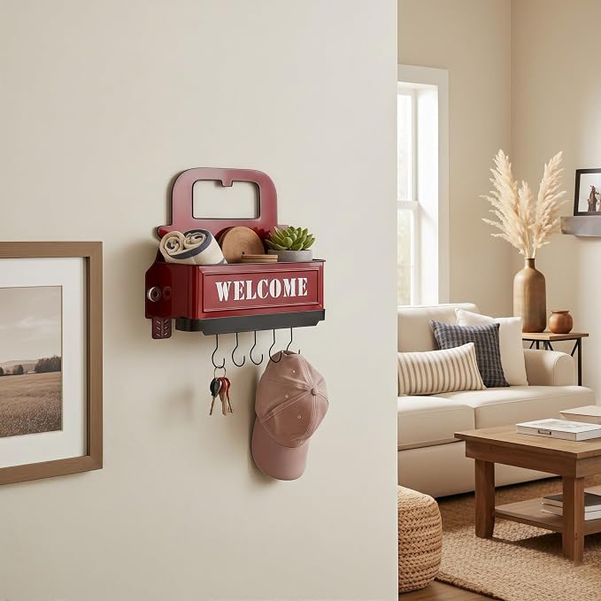 Truck Farmhouse Key Rack & Rustic Metal Wall Planter, Wall Mounted Flower Pot - Image 6