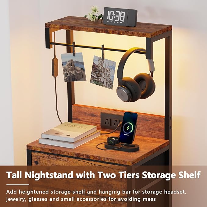 Furnulem Night Stand with Charger Station, Bedside Table with Storage Shelf - Image 6