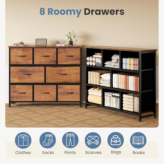 DUMOS Wide Dresser with 8 Fabric Drawers and Wood Top, Bedroom Storage Unit - Image 6