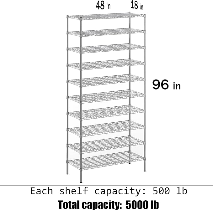 18" Deep x 48" Wide x 96" Height Wire Shelving Kit | 10-Tier | NSF Commercial - Image 3