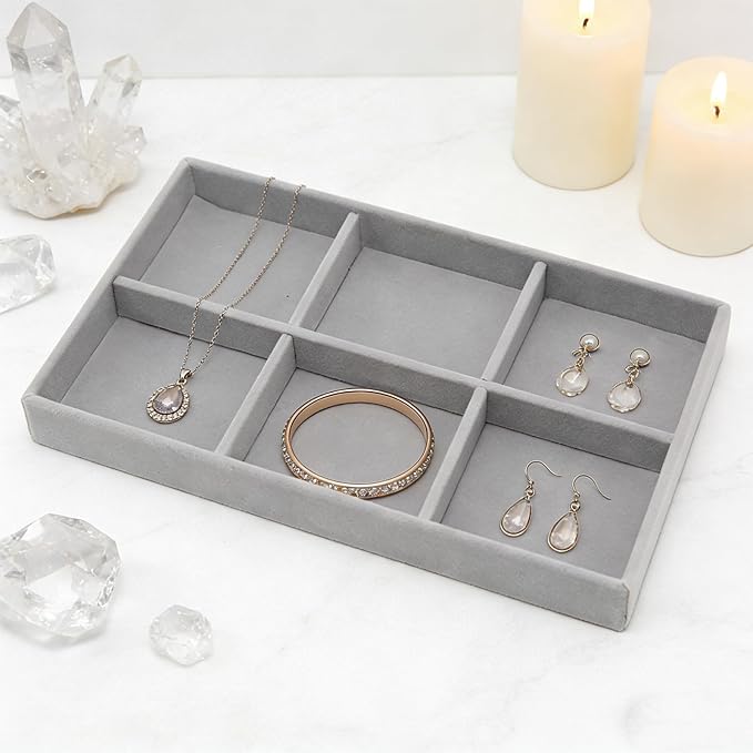 Velvet Jewelry Organizer Trays Gray 6 Grids | Stackable Jewelry Storage Display - Image 4