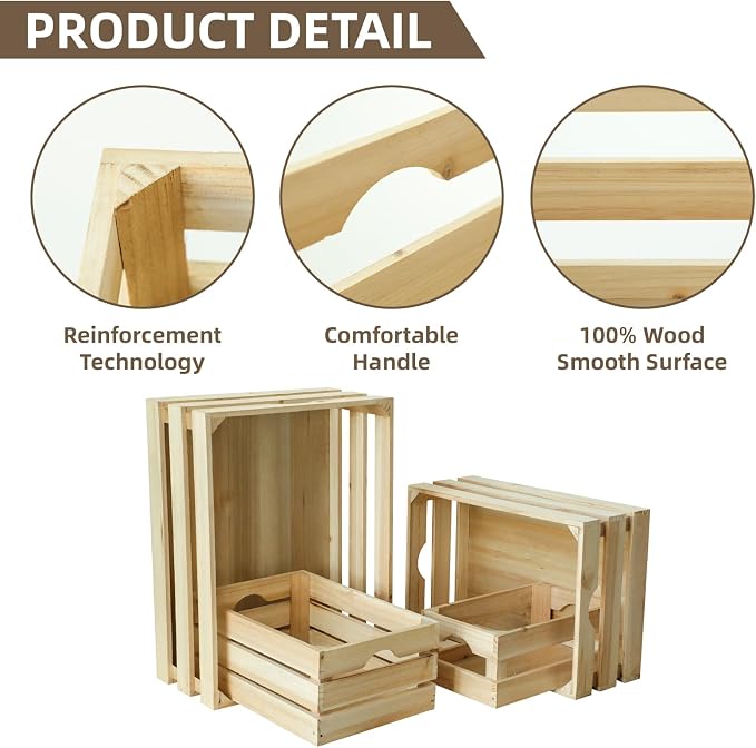 Large Wooden Crates Unfinished Set of 4 Storage Crates, Decorative Wood Storage - Image 3