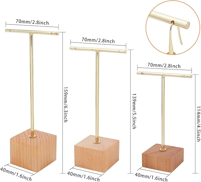 FINGERINSPIRE 3 Pcs Gold Metal T Bar Earring Display Stand 6.3/5.5/4.5 Inch - Image 2