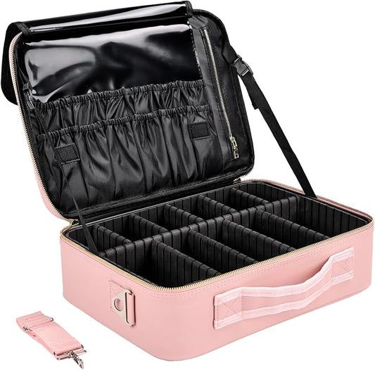 Travel Makeup Bag with Brush Holder, Professional Cosmetic Train Case Organizer by Greenfeather
