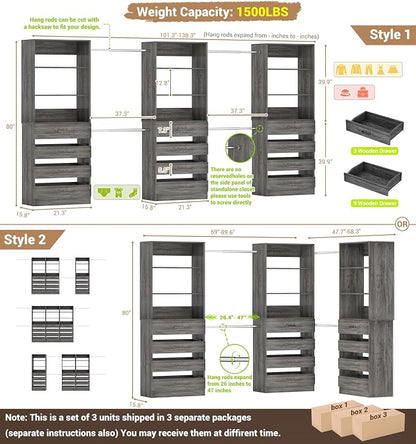 Aheaplus Closet System with 12 Drawers, 8.5-11.5Ft Wood Closet Organizer System - Image 7