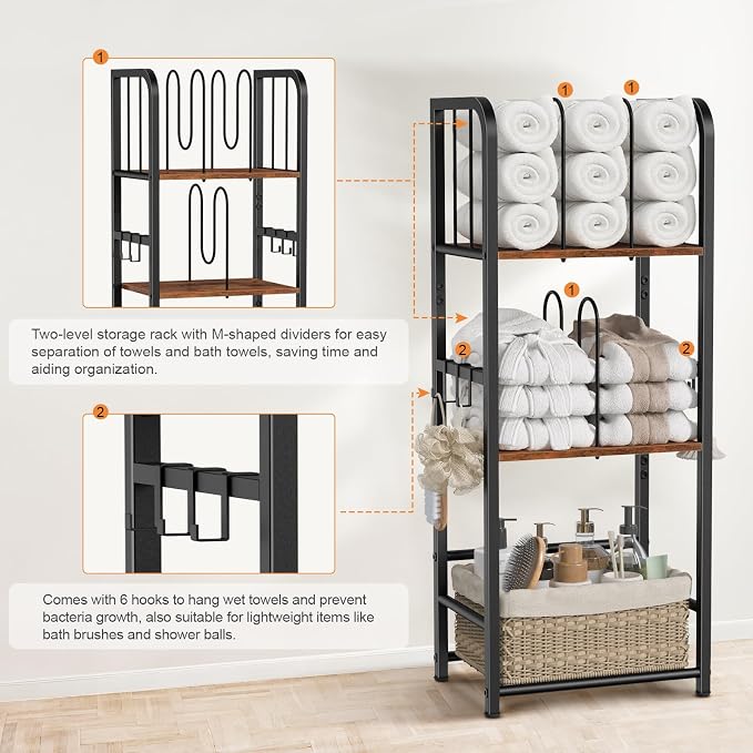 Snughome Towel Rack Free Standing 3-Tier M-Shaped Detachable Dividers, Metal - Image 6