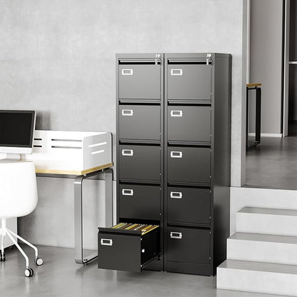 File Cabinets - 5 Drawers Vertical 17.8" Deep Lockable Filing Cabinet - Black & - Image 4