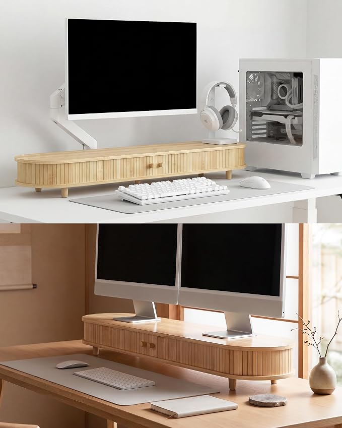 Bamboo Dual Monitor Stand with Storage, Curved Double Computer Laptop Stand - Image 7