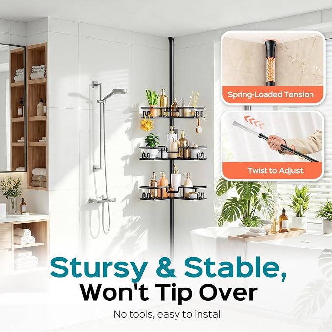 HAMITOR Shower Caddy Tension Pole: 4-Tier Adjustable Corner Bathroom Organizer - Image 4