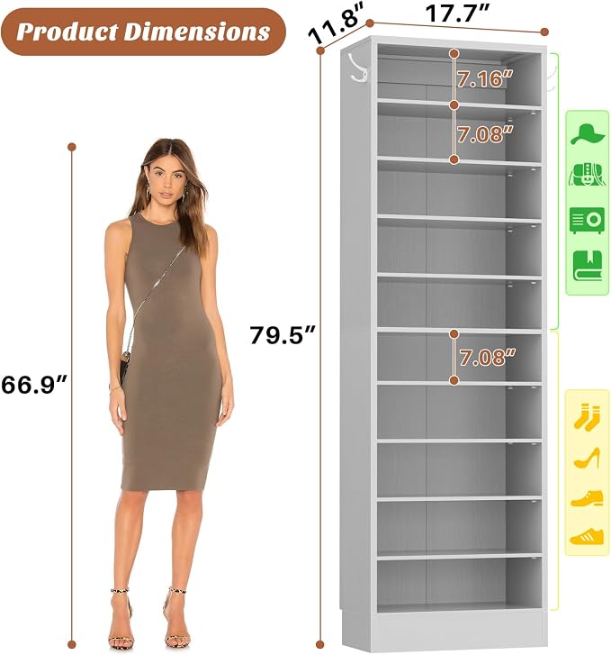 Aheaplus Narrow Shoe Cabinet, 10 Tiers Tall Wood Shoe Rack, Shoe Storage - Image 2