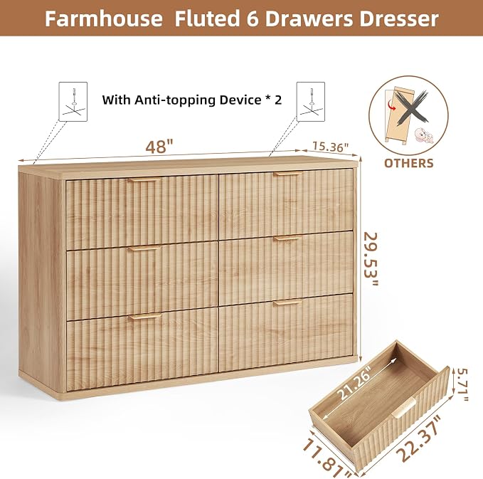 LEYAOYAO Fluted 6 Drawers Dresser, Curved Profile Design, Dresser TV Stand - Image 2