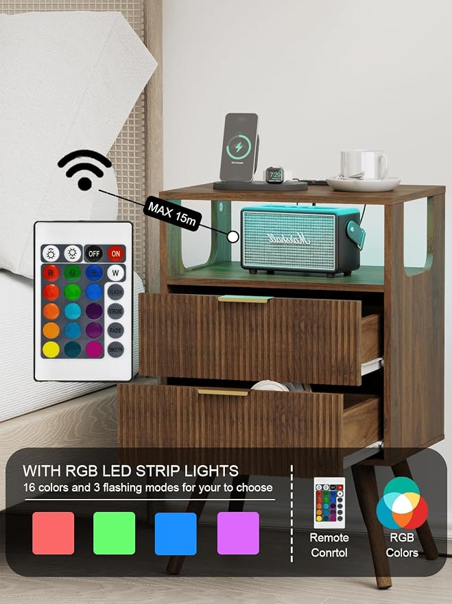 Nightstand with Charging Station and LED Lights, Modern Bedside Table with 2 - Image 4