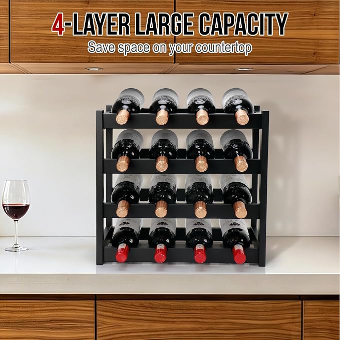 Bamboo Wine Rack, 4-Tier 16 Bottles Wine Storage Cabinet Shelf, Easy-Assembly - Image 5