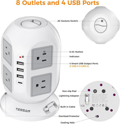 Tower Power Strip Surge Protector 10 Ft, TESSAN Flat Plug Extension Cord - Image 6