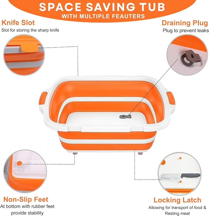 Collapsible BBQ Prep Tub16L Orange | Portable Meat Marinating Container - Image 4