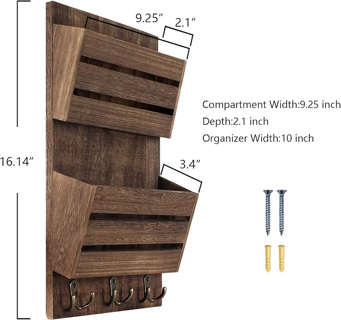 Unistyle Mail Organizer with 4 Hooks, Rustic Brown Wall Mount, Cedar Wood Key - Image 7