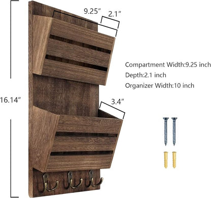 Unistyle Mail Organizer with 4 Hooks, Rustic Brown Wall Mount, Cedar Wood Key - Image 7