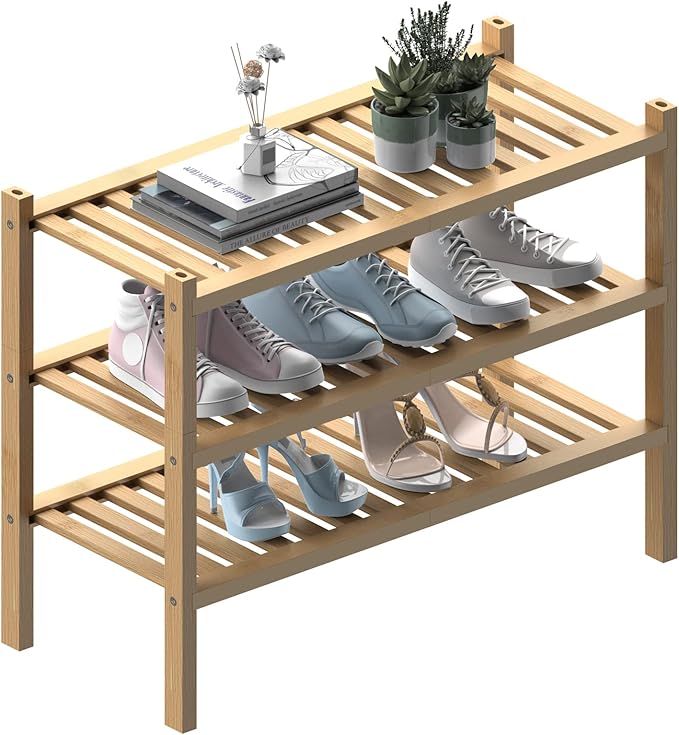 (Thick Bamboo Shoe Rack for Entryway, 3-Tier Free Standing Shoe Racks Stackable by ROMGUAR+CRAFT