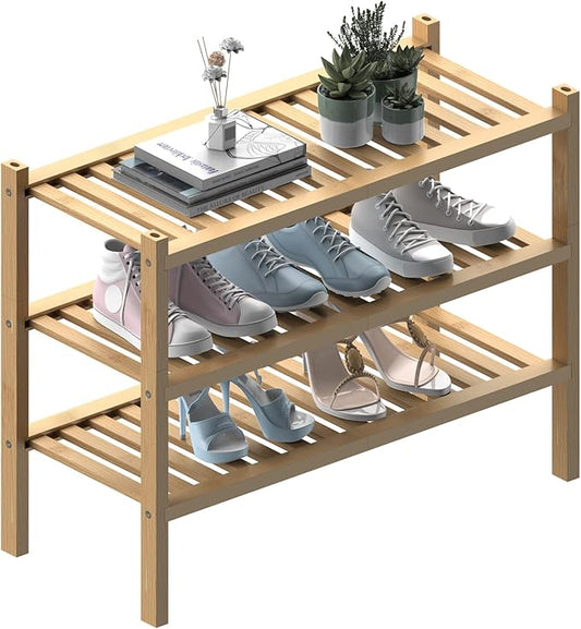 (Thick Bamboo Shoe Rack for Entryway, 3-Tier Free Standing Shoe Racks Stackable by ROMGUAR+CRAFT