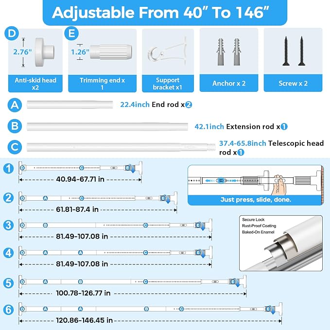 AIZESI 41-144 Inch Heavy Duty Tension Curtain Rod - Image 4