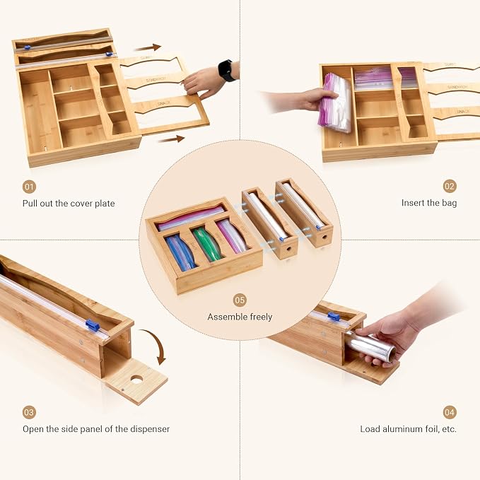 6 in 1 Storage Bag Organizer Kitchen Drawer, Bamboo Foil and Plastic Wrap - Image 3