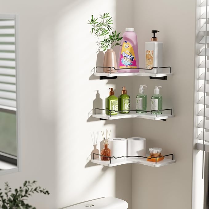 L-Shaped Corner Floating Shelves Set of 3, Rustic Wood Wall Mounted Storage - Image 2